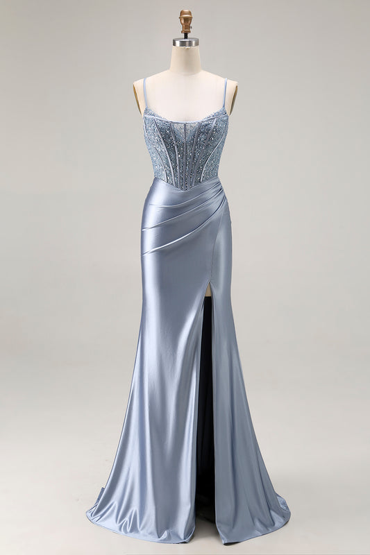 Sparkly Grey Blue Mermaid Corset Long Prom Dress with Beading