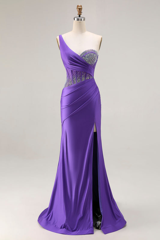 Sparkly Dark Purple One Shoulder Corset Long Prom Dress with Beading