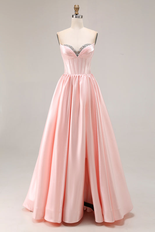 Sparkly Pink Sweetheart A Line Satin Long Prom Dress with Slit