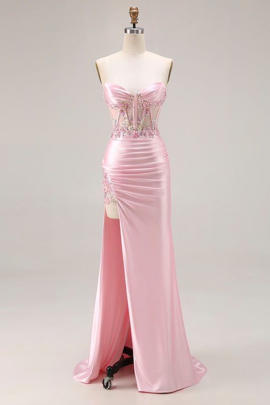Sparkly Pink Corset Strapless Floral Long Prom Dress with Slit