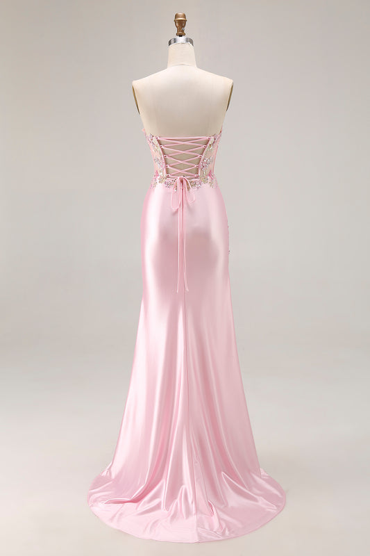 Sparkly Pink Corset Strapless Floral Long Prom Dress with Slit