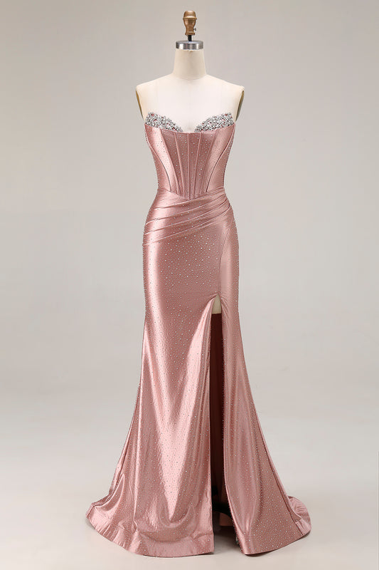 Sparkly Dusty Rose Beaded Mermaid Corset Long Prom Dress with Slit