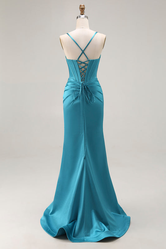 Peacock Blue Corset Satin Mermaid Long Prom Dress with Slit