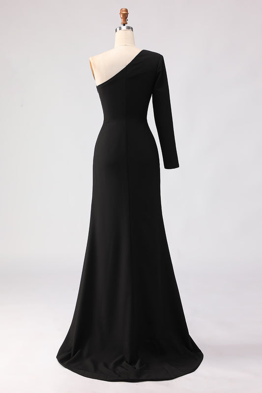 Black Sheath One Shoulder Long Mother of the Bride Dress with Slit