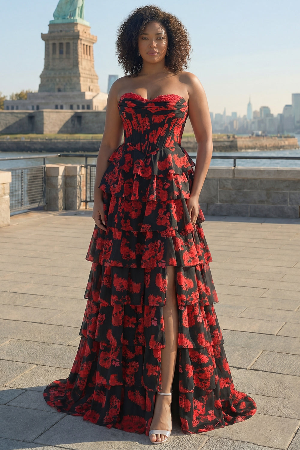 Zapakasa Women Plus Size Black and Red Floral Corset Long Prom Dress