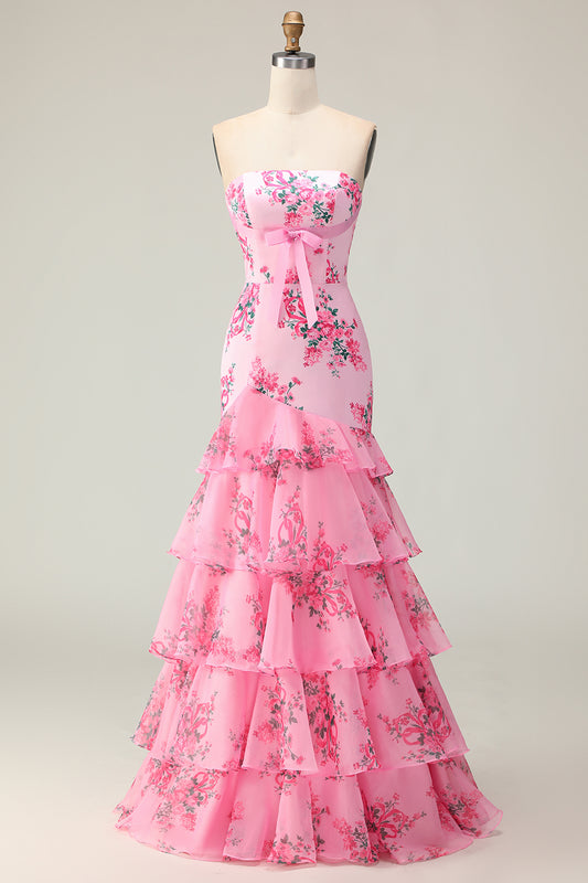 Pink Floral Strapless Ruffled Mermaid Long Prom Dress