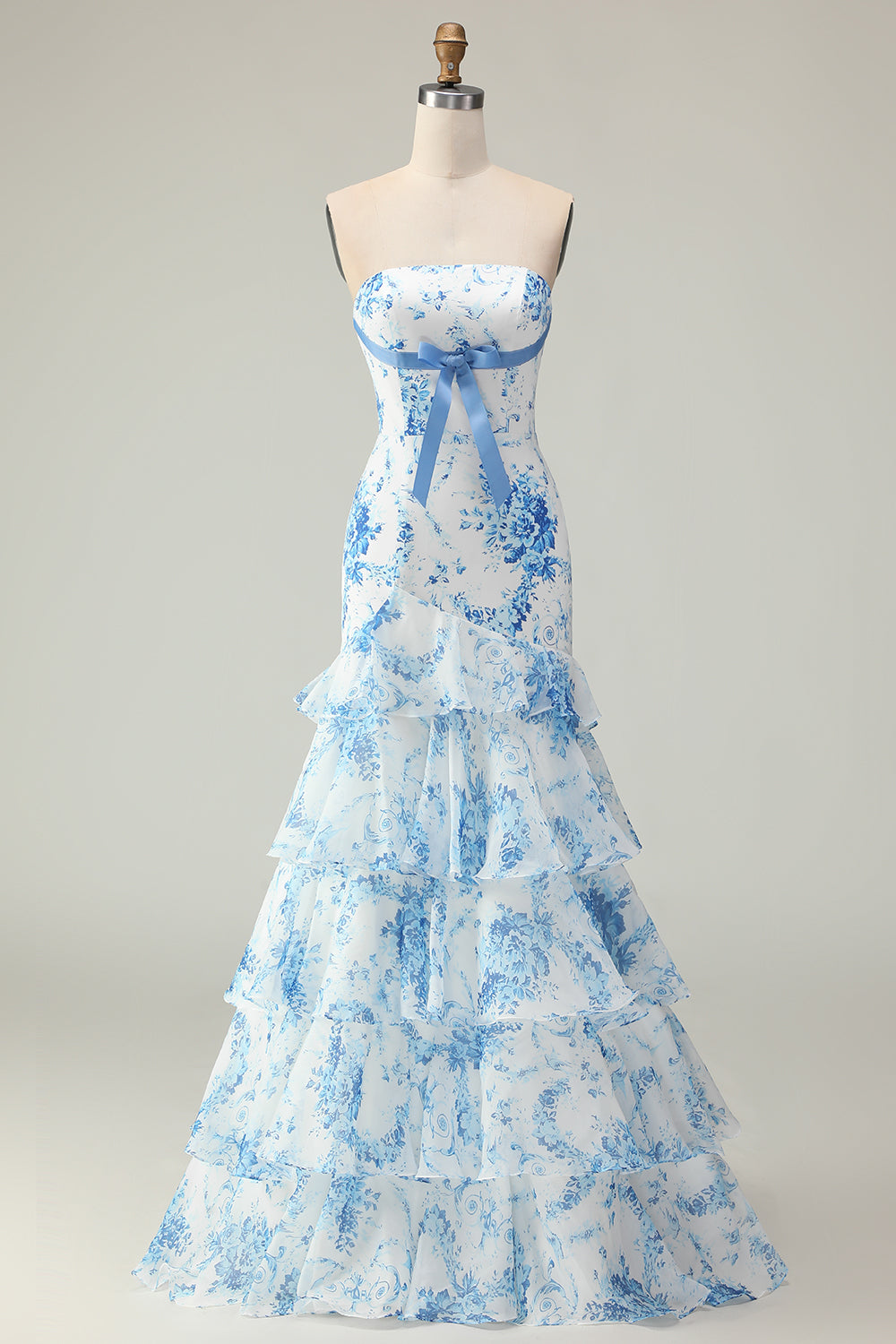 Zapakasa Women Blue and White Floral Mermaid Long Prom Dress Ruffled