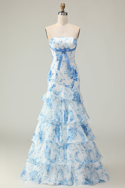 Blue and White Floral Ruffled Strapless Mermaid Long Prom Dress