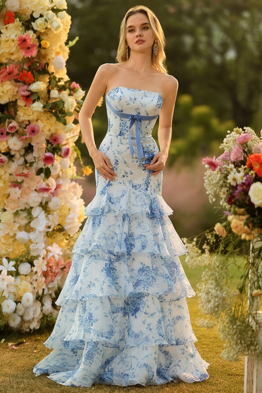 Floral Blue and White Strapless Mermaid Long Prom Dress with Ruffles