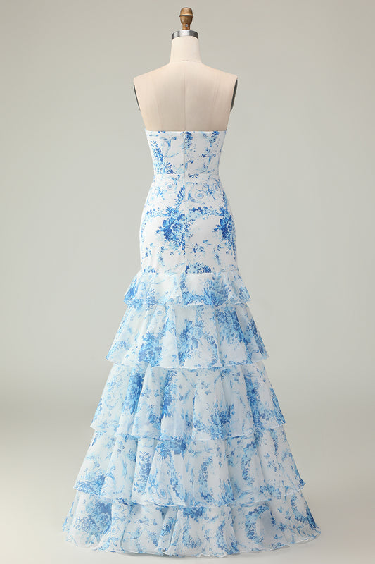 Blue and White Floral Ruffled Strapless Mermaid Long Prom Dress