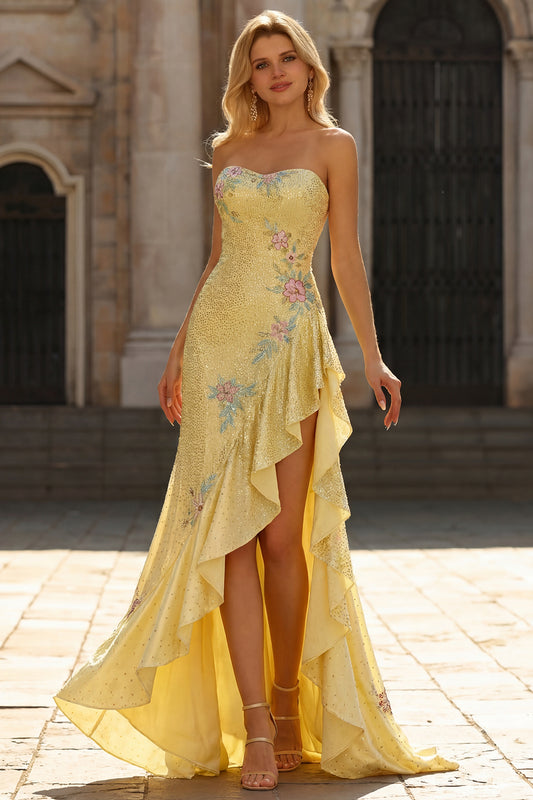 Sparkly Yellow Floral Sweetheart Ruffled Mermaid Long Prom Dress with Slit