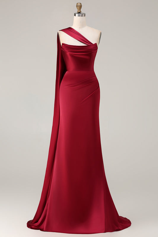 Burgundy Satin Mermaid Neck Scarf Ruched Long Prom Dress