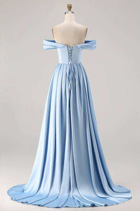 Blue Satin A Line Off the Shoulder Long Bridesmaid Dress with Slit