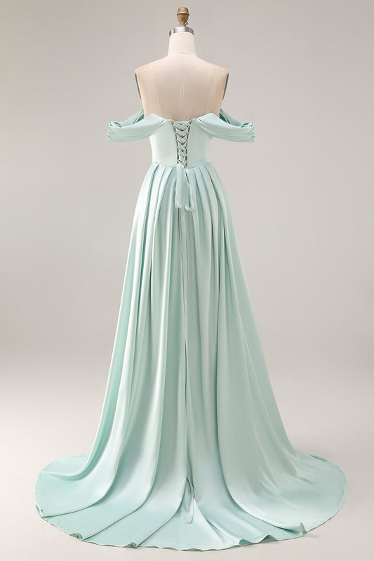 A Line Light Green Satin Off the Shoulder Corset Long Bridesmaid Dress
