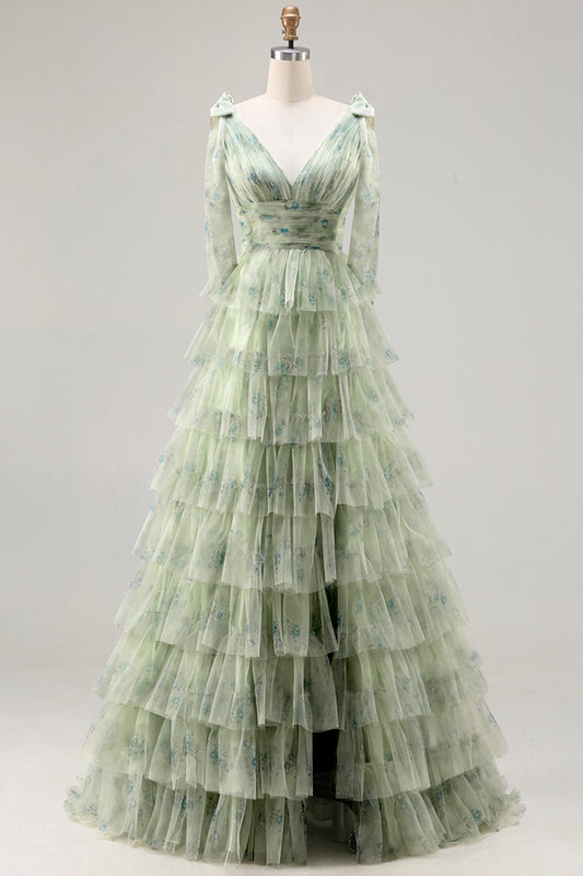 Green Floral Tulle A Line Tiered Long Prom Dress with Slit
