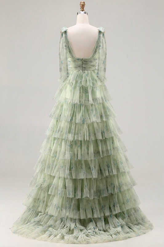 Green Floral Tulle A Line Tiered Long Prom Dress with Slit