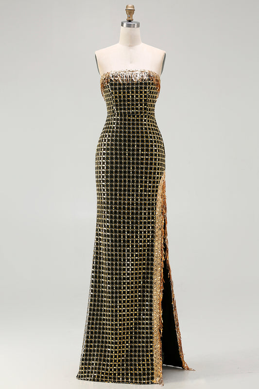 Sparkly Black and Golden Strapless Beaded Long Prom Dress with Slit