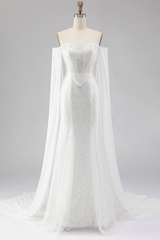 Sparkly White Mermaid Beaded Off the Shoulder Long Corset Prom Dress