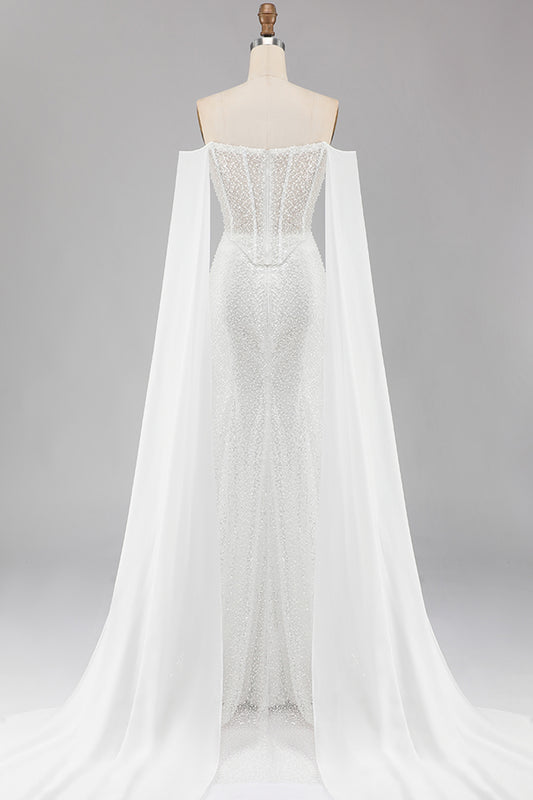 Sparkly White Mermaid Beaded Off the Shoulder Long Corset Prom Dress