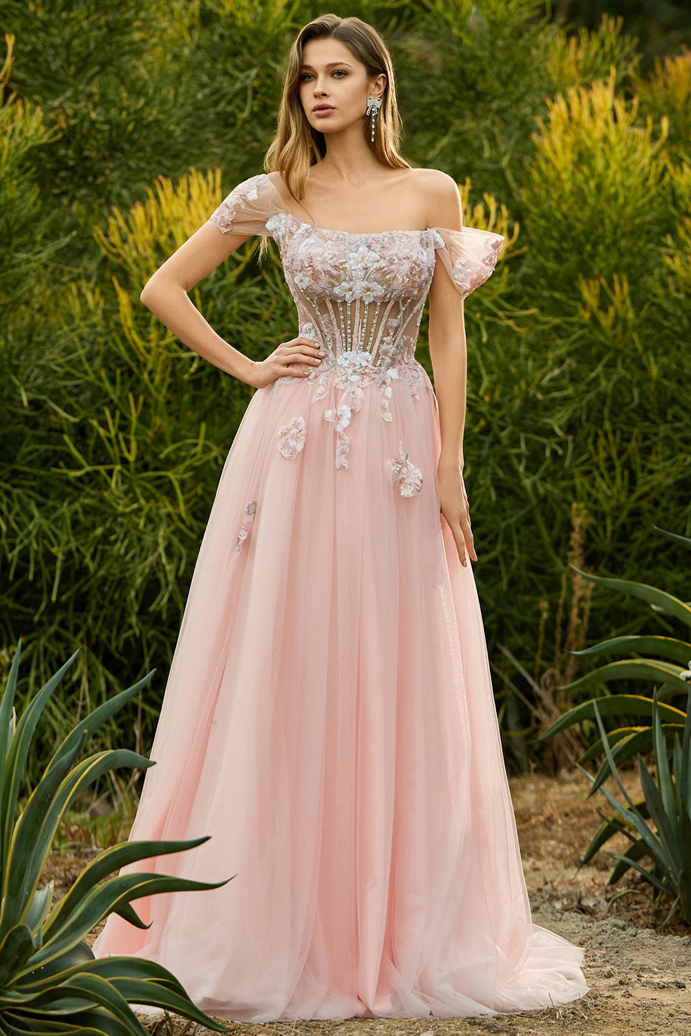 Zapaka Women Pink Tulle Long Prom Dress A Line Off the Shoulder Beaded Corset Wedding Party Dress with Sequins, Pink / US8
