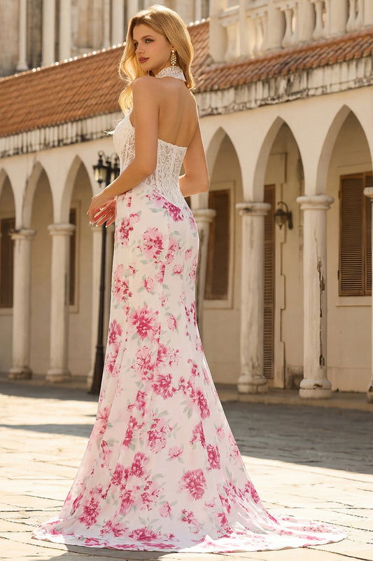 White and Fuchsia Floral Sweetheart Mermaid Long Corset Prom Dress with Lace