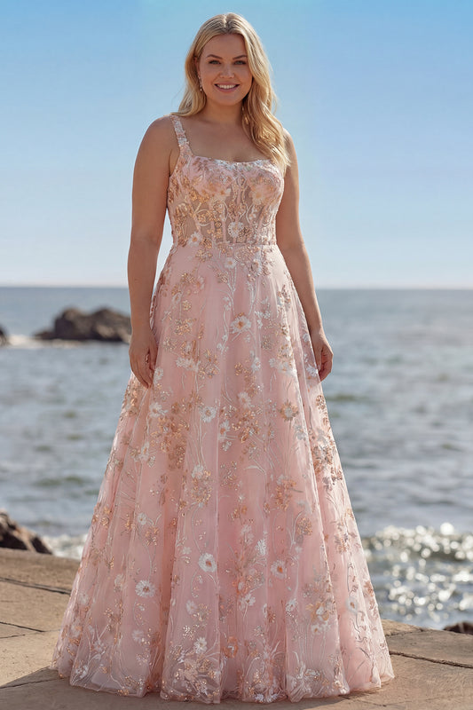 Sparkly Pink Plus Size Floral A Line Sequins Long Corset Prom Dress