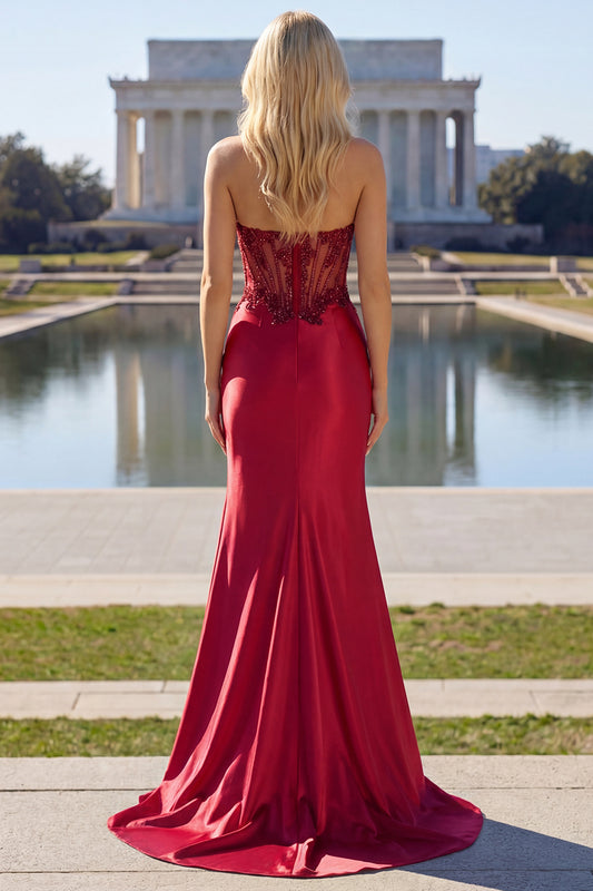 Sparkly Burgundy Mermaid Beaded Ruched Long Corset Prom Dress with Slit