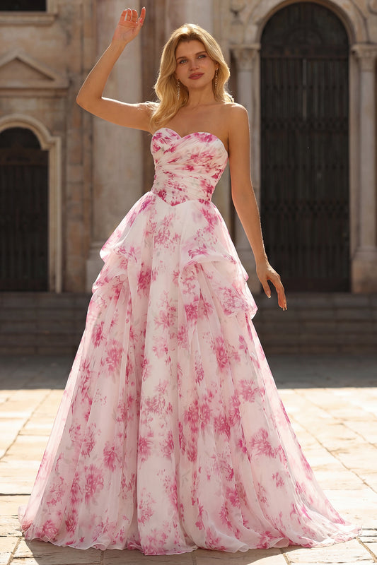 White and Fuchsia Floral Sweetheart A Line Long Corset Prom Dress