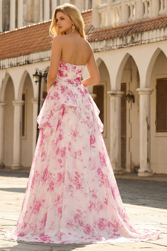 White and Fuchsia Floral Sweetheart A Line Long Corset Prom Dress