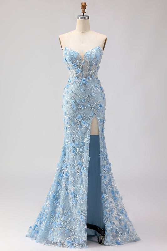 Sparkly Blue Floral Beaded Mermaid Long Corset Prom Dress with Slit