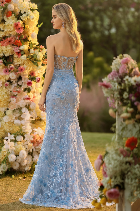 Sparkly Floral Blue Mermaid Beaded Long Corset Prom Dress with Slit