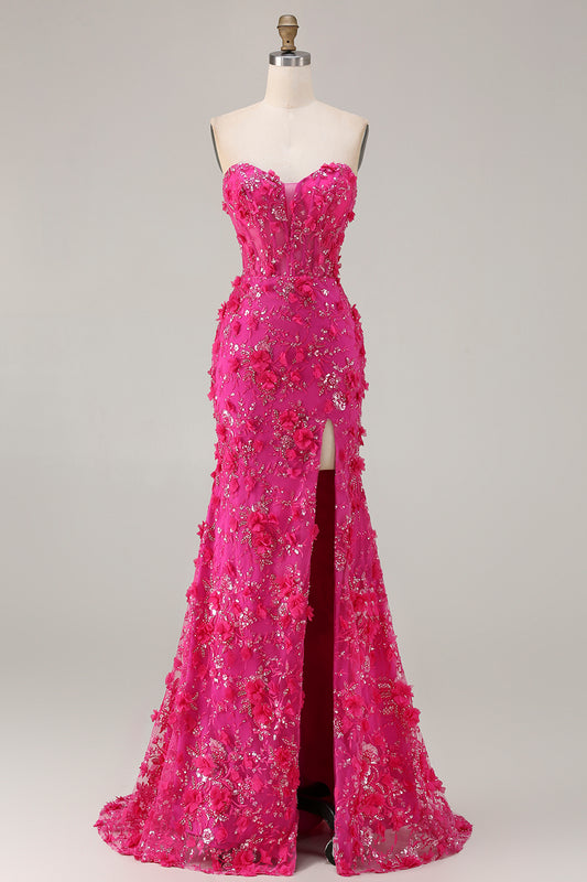 Zapakasa Women Sparkly Floral Fuchsia Beaded Long Corset Prom Dress with Slit Sweetheart Strapless Mermaid Pageant Dress with 3D Flowers