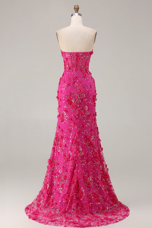 Sparkly Floral Fuchsia Beaded Mermaid Long Corset Prom Dress with Slit