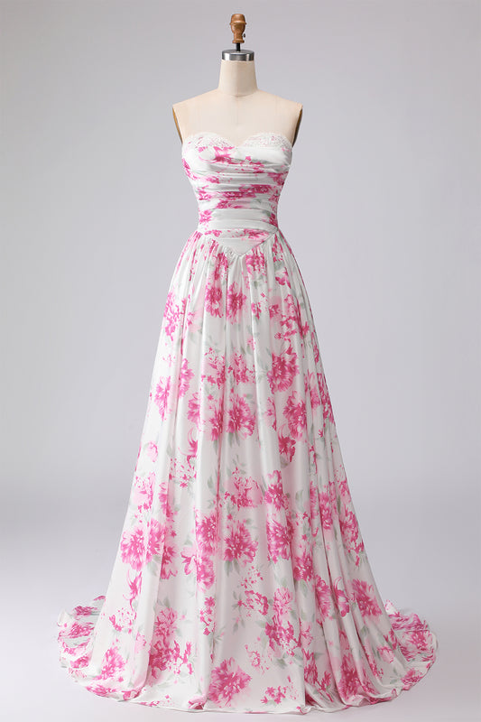 White and Fuchsia Floral Sweetheart A Line Long Prom Dress with Lace Top