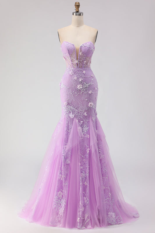 Floral Purple Mermaid Lace Tulle Strapless Long Corset Prom Dress