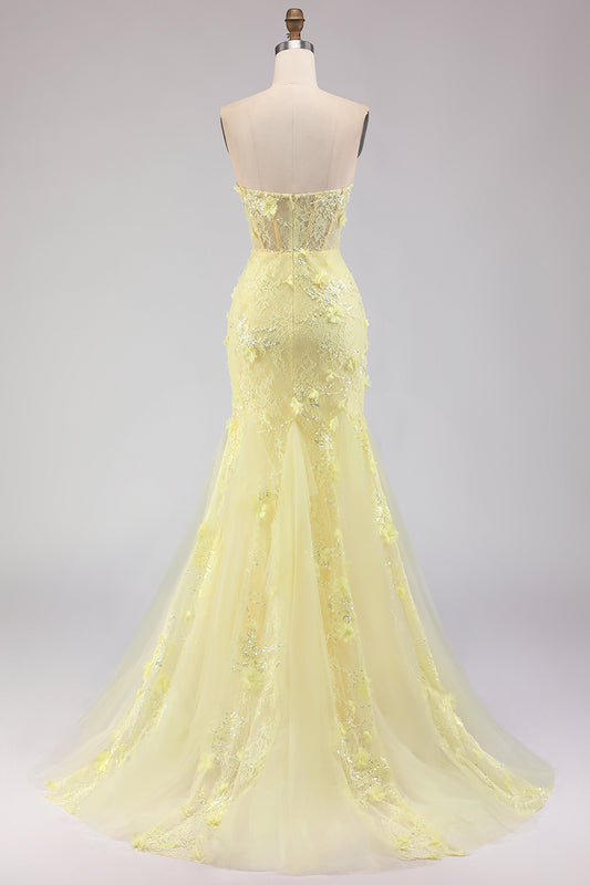 Floral Yellow Mermaid Tulle Strapless Long Corset Prom Dress with Lace