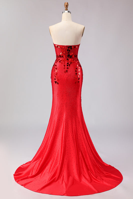 Sparkly Red Mermaid Mirror Sweetheart Long Prom Dress with Slit