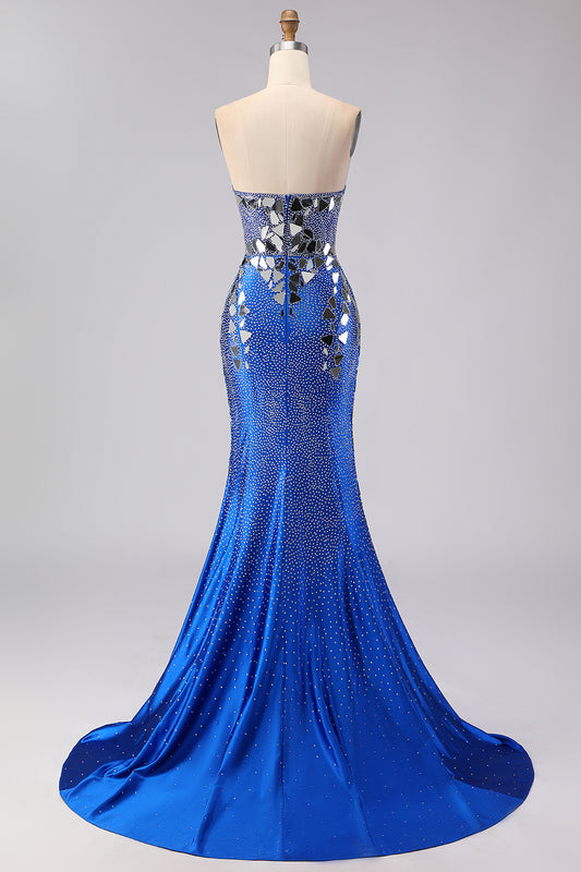 Sparkly Royal Blue Sweetheart Beaded Mirror Long Prom Dress with Slit