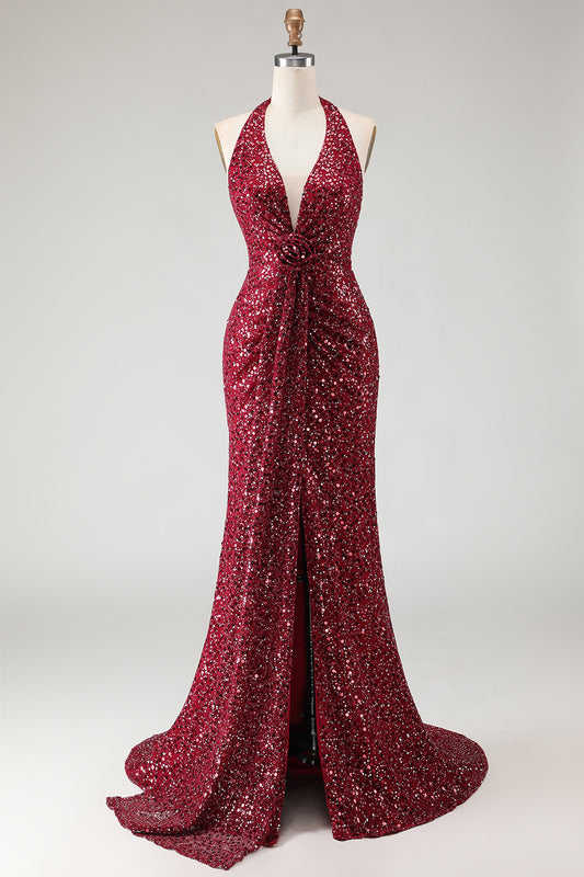 Sparkly Burgundy Sequin Halter Neck Mermaid Long Prom Dress with Slit