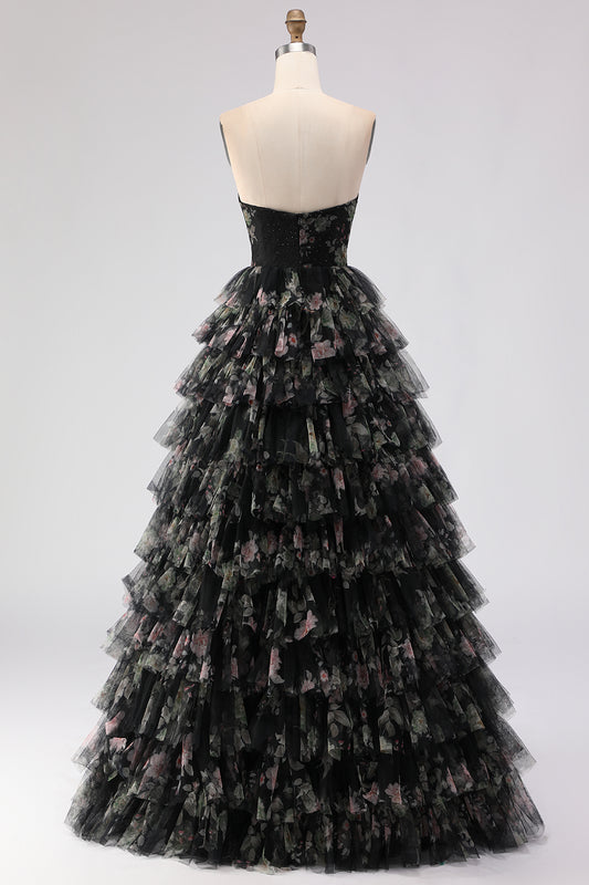 Black Floral Tiered Sweetheart Tulle Long Prom Dress with Bows