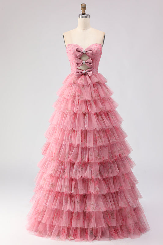 Floral Pink A Line Tulle Tiered Sweetheart Long Prom Dress with Bows