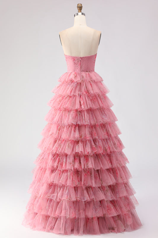 Floral Pink A Line Tulle Tiered Sweetheart Long Prom Dress with Bows
