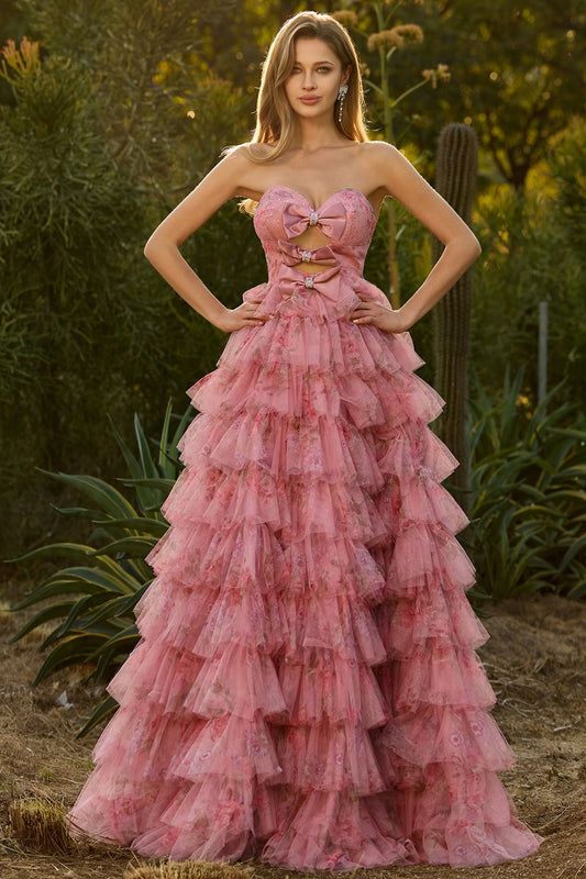 Pink Floral Tiered Tulle Sweetheart Long Prom Dress with Bows