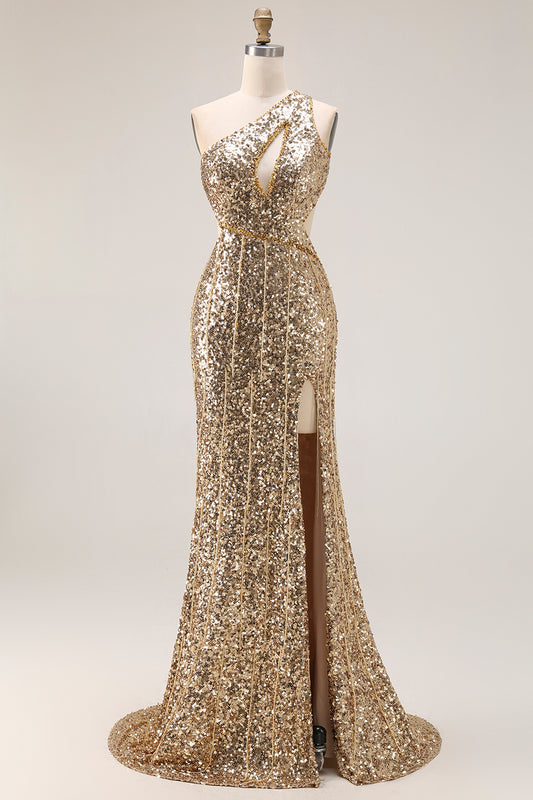 Sparkly Gold Sequins One Shoulder Mermaid Long Prom Dress with Slit