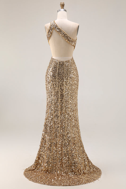Sparkly Gold Sequins One Shoulder Mermaid Long Prom Dress with Slit
