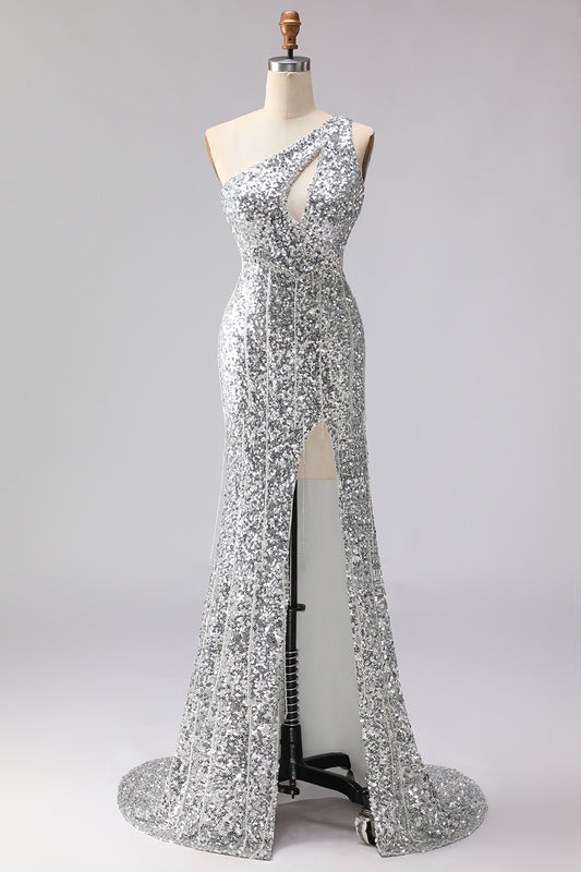 Sparkly Silver Sequins Mermaid Long Prom Dress with Slit