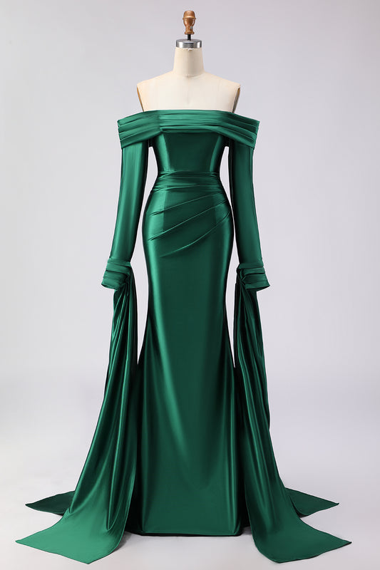 Dark Green Mermaid Off the Shoulder Long Prom Dress with Sleeves