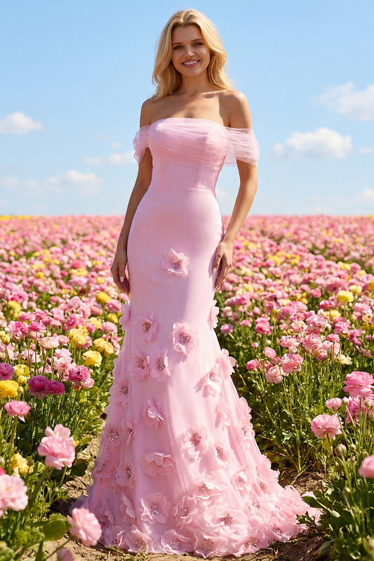 Sparkly Pink Floral Mermaid Off the Shoulder Long Prom Dress with 3D Flowers