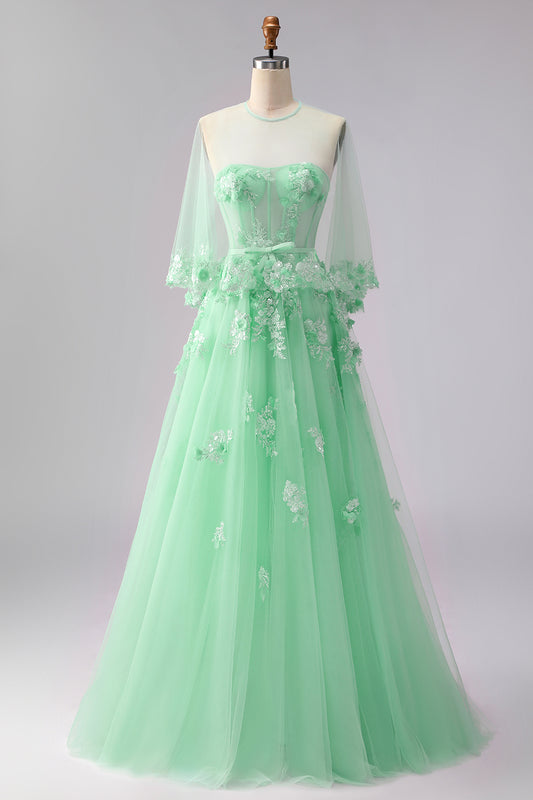 Green Floral A Line Tulle Long Corset Prom Dress with Cape