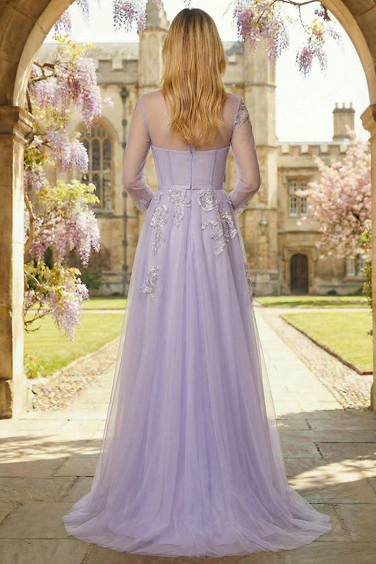 Sparkly Floral Lilac Appliqued Tulle Long Corset Prom Dress with Sleeves